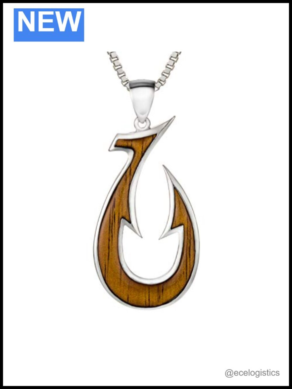 925 Sterling Silver Koa Wood Fish Hook Pendant Necklace 18" Chain